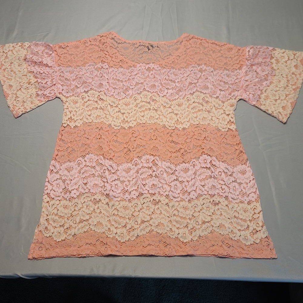 Suzanne Betro Lace Blouse Womens XL Pink Multi Striped Flutter Sleeve Boho Top
